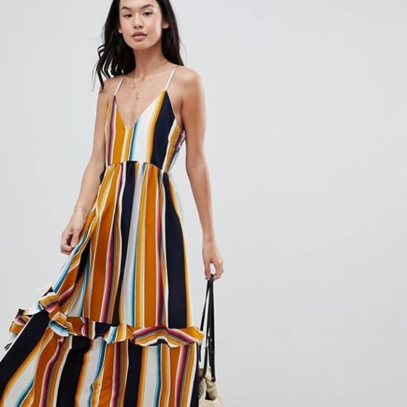 Boohoo Striped Ruffle Lace Up Back Maxi Dress - Picture 2 of 16